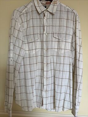 D&G Men's White Shirt with Brown Windowpane Grid